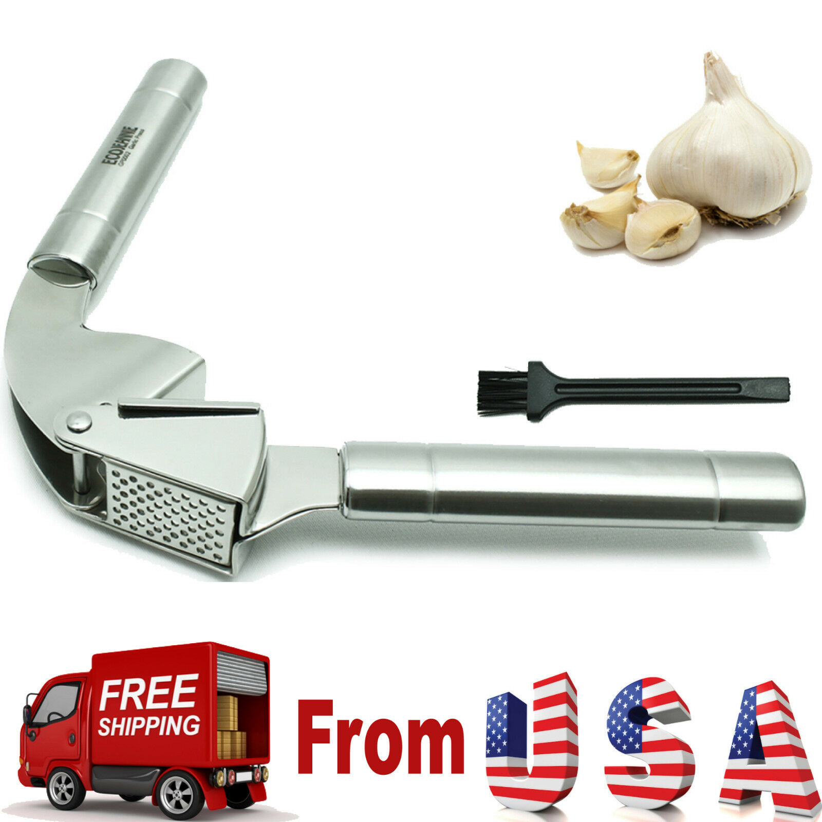 Ecojeannie Professional Garlic Press (free Brush) W/round Holes, Mincer, Crusher