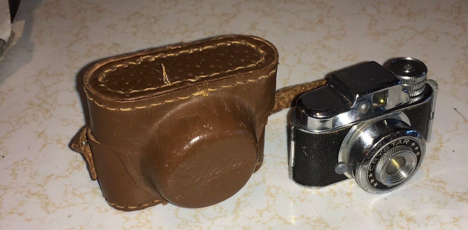 Vintage Crystal Mini Camera With Leather Case  - 2”